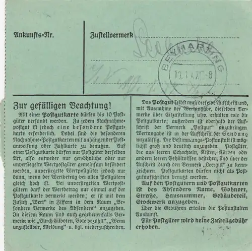 Paketkarte 1947: Murnau nach Maschrain bei Bad Aibling, seltenes Formular