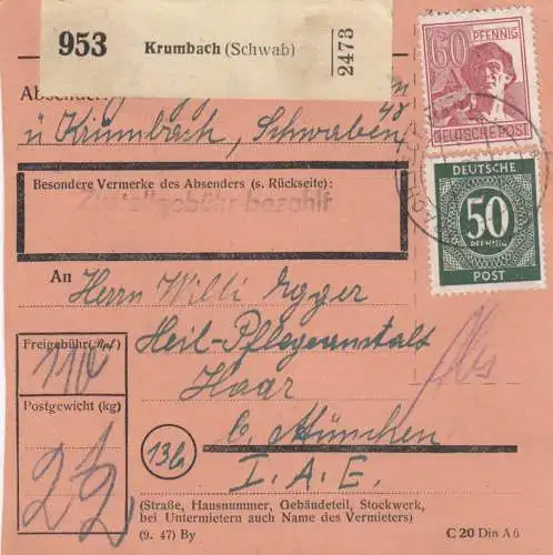 Paketkarte 1948: Krumbach nach Haar, Heil- und Pflegeanstalt