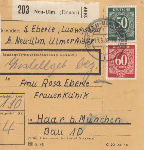 Paketkarte 1948: Neu-Ulm nach Haar b. München