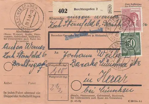 Paketkarte 1948: Berchtesgaden nach Haar