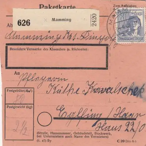 Paketkarte 1948: Mamming nach Eglfing Haar