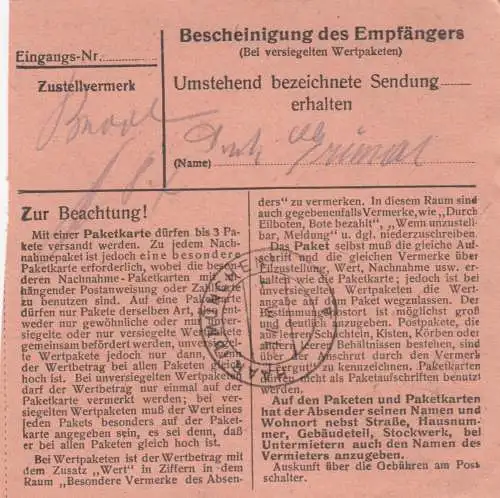 Paketkarte 1948: Mamming nach Eglfing Haar