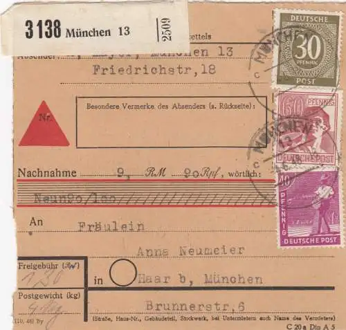 Paketkarte 1948: München nach Haar, Nachnahme