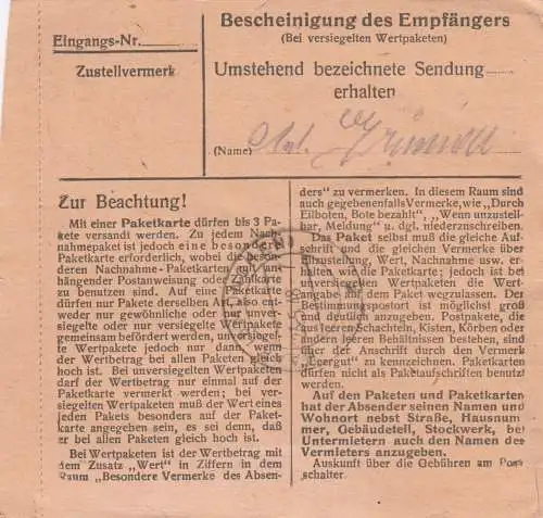 Paketkarte 1948: Bischofsmais nach Haar, Frauenklinik