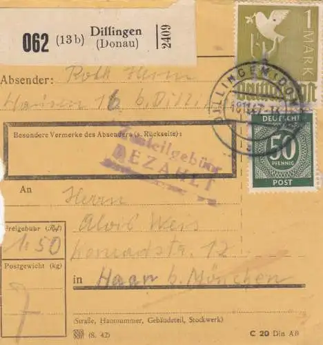 Carte de paquet 1947: Dillingen par Haar b. Munich