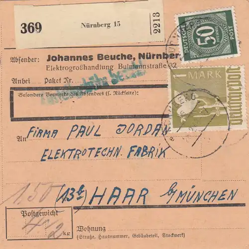 Carte de paquet 1948: Nuremberg vers Haar Munich