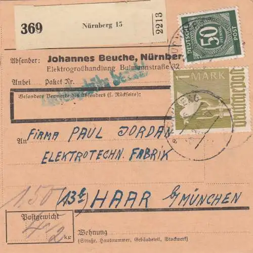 Paketkarte 1948: Nürnberg nach Haar München