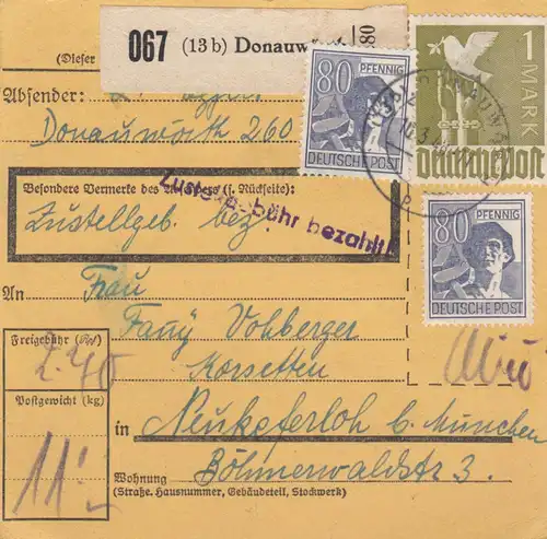 Carte de paquet 1948: Donauwörth vers Neukeferloh près de Munich
