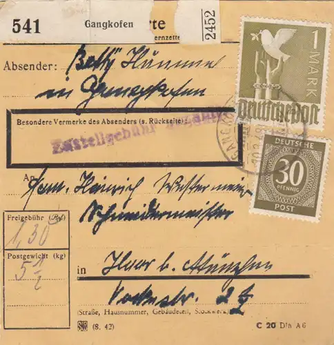 Paketkarte 1948: Gangkofen nach Haar b. München