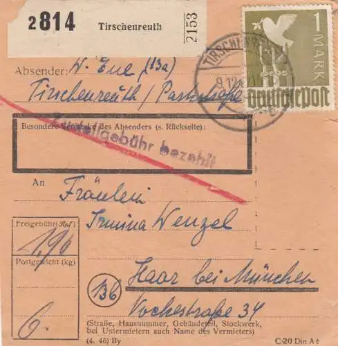 Paketkarte: Tirschenreuth nach Haar bei München