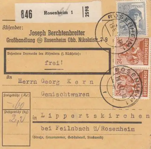 Carte de paquet 1947: Rosenheim - Lippertskirchen, carte de livreur automatique avec valeur