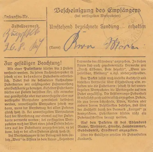 Carte de paquet 1947: Rosenheim - Lippertskirchen, carte de livreur automatique avec valeur