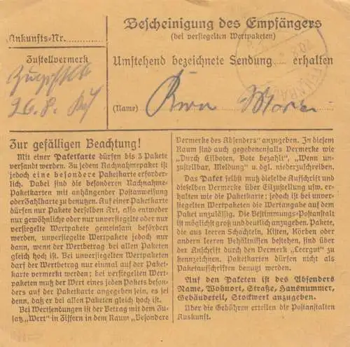 Paketkarte 1947: Rosenheim - Lippertskirchen, Selbstbucherkarte mit Wert