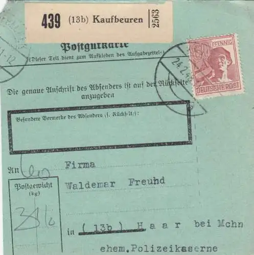 Paketkarte 1948: Kaufbeuren nach Haar, seltenes Formular