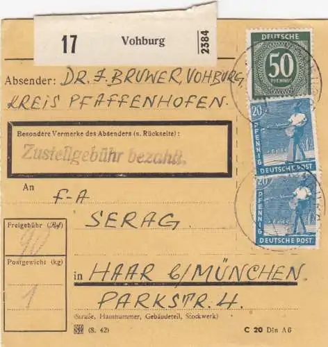 Paketkarte 1948: Vohburg nach Haar b. München