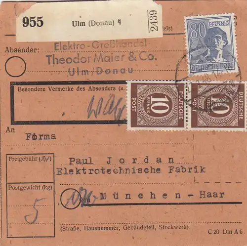 Paketkarte 1948: Ulm nach München-Haar