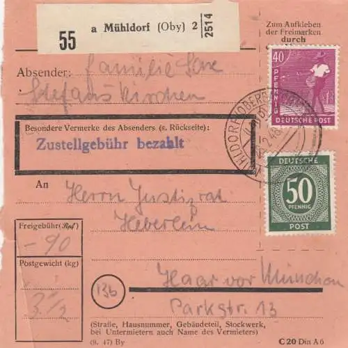 Carte de paquet 1948: Mühldorf par Haar