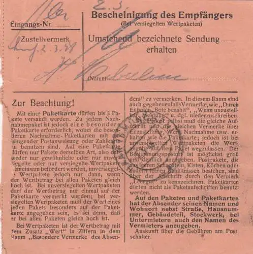 Paketkarte 1948: Mühldorf nach Haar