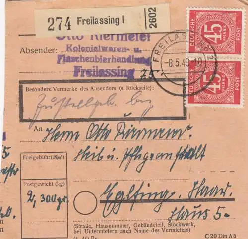 Paketkarte 1948: Freilassing nach Eglfing