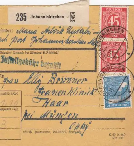 Paketkarte 1948: Johanniskirchen nach Haar