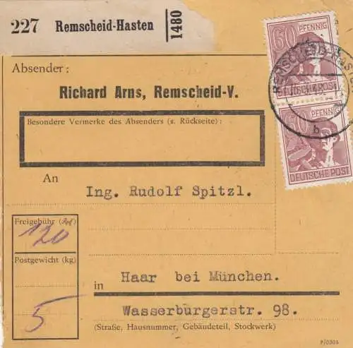 Carte de paquet 1948: Remscheid-Hasten selon Haar b. Munich