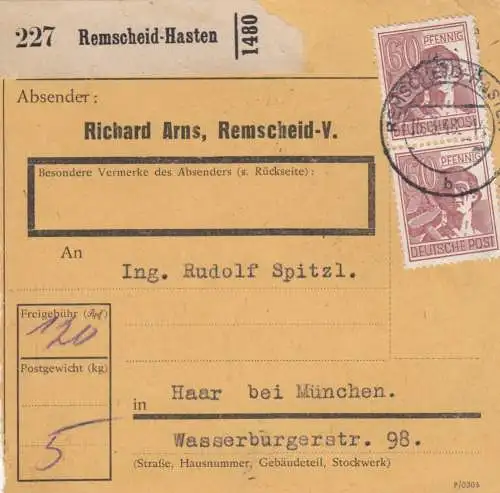 Paketkarte 1948: Remscheid-Hasten nach Haar b. München