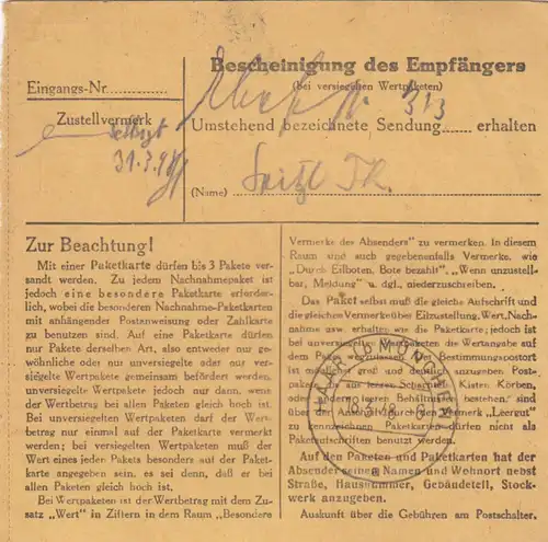 Carte de paquet 1948: Remscheid-Hasten selon Haar b. Munich