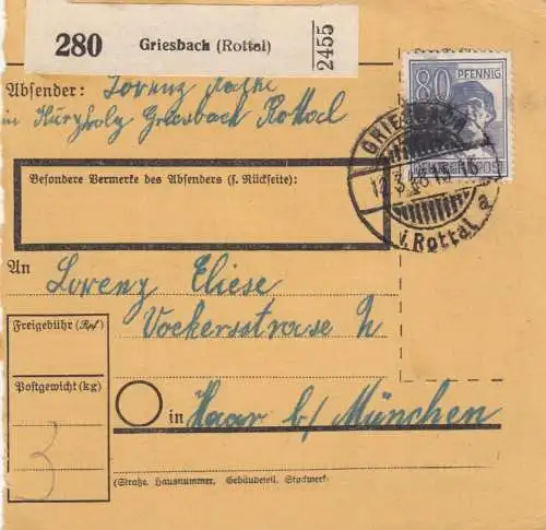 Paketkarte 1948: Griesbach nach Haar