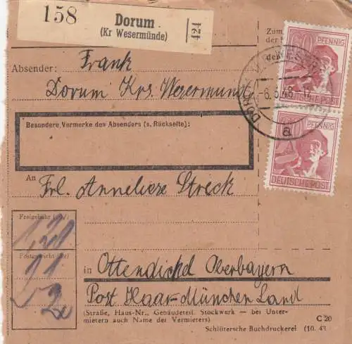 Paketkarte 1948: Dorum (Wesermünde) nach Haar