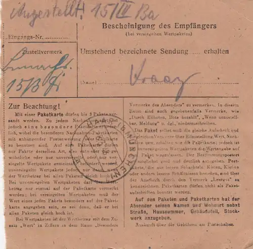 Carte de paquet 1948: Dorum (Wesermäde) par cheveux