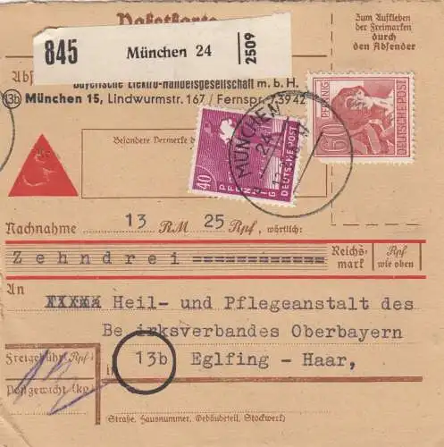 Paketkarte 1948: München nach Eglfing, Heilanstalt, Selbstbucherkarte 