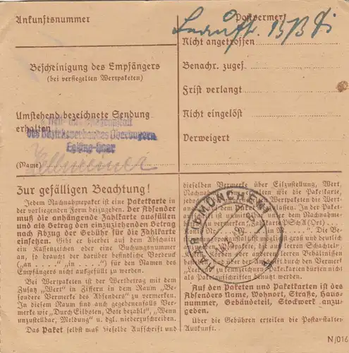 Carte de paquet 1948: Munich vers Eglfing, Heilanstalt, carte de livreur automatique