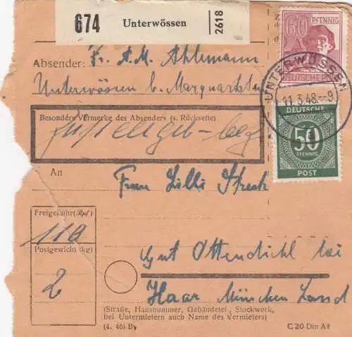 Paketkarte 1948: Unterwössen nach Ottendichl bei Haar