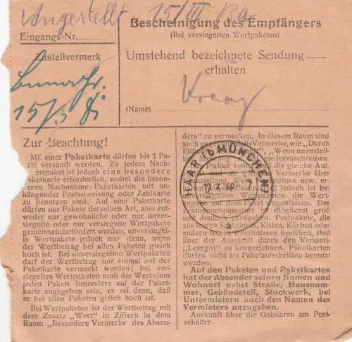 Carte de paquet 1948: Sous-sol pour Ottendihl chez les cheveux