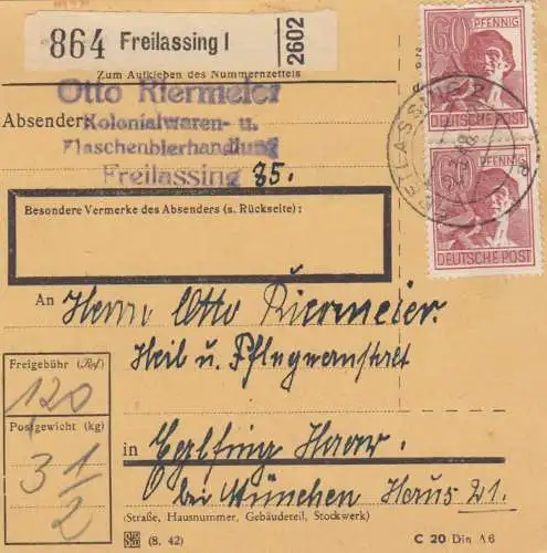 Carte de paquet 1948: freillassing a Eglfing, centre de soins et de santé