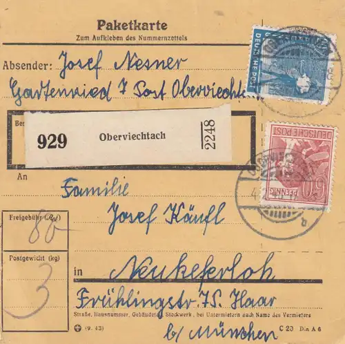 Paketkarte 1948: Oberviechtach nach Neukeferloh