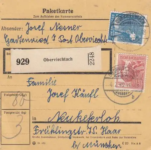 Paketkarte 1948: Oberviechtach nach Neukeferloh