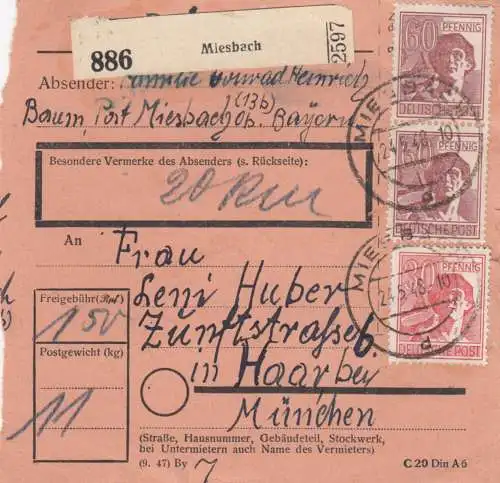 Paketkarte 1948: Miesbach nach Haar b. München