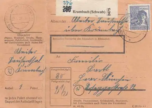 Paketkarte 1948: Krumbach nach Haar-München