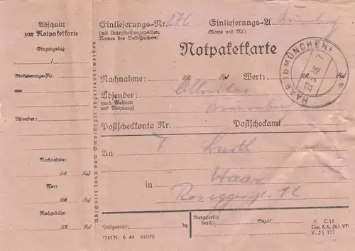 Paketkarte 1948: Notpaketkarte Runneburg nach Haar