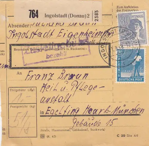 Paketkarte 1948: Ingolstadt nach Eglfing, Heil- u. Pflegeanstalt