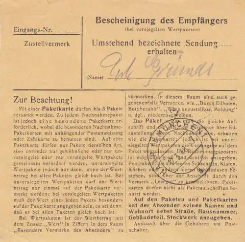 Paketkarte 1948: Ingolstadt nach Eglfing, Heil- u. Pflegeanstalt