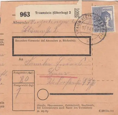 Paketkarte 1948: Traunstein in den Landkreis Haar