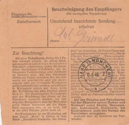 Paketkarte 1948: Traunstein in den Landkreis Haar