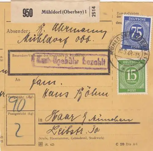 Paketkarte 1948: Mühldorf nach Haar bei München