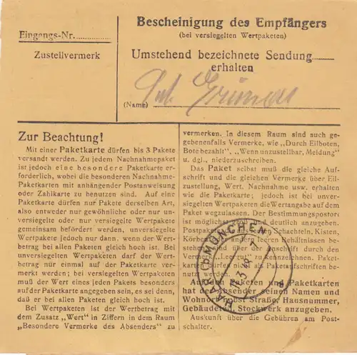 Carte de paquet 1948: Mühldorf vers Haar bei Munich