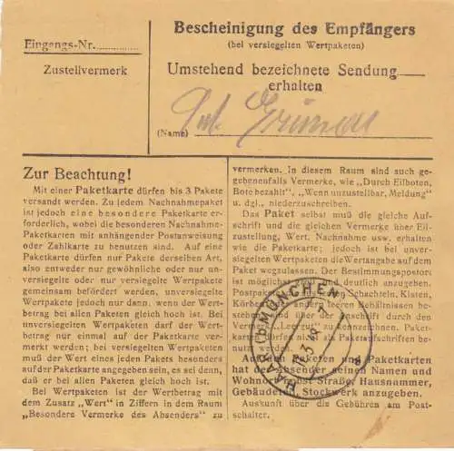 Paketkarte 1948: Mühldorf nach Haar bei München