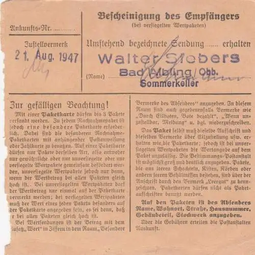 Paketkarte 1947: Bad Tölz nach Bad Aibling