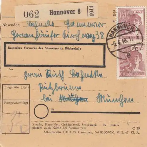 Carte de paquet 1948: Hanovre vers Putzbrunn