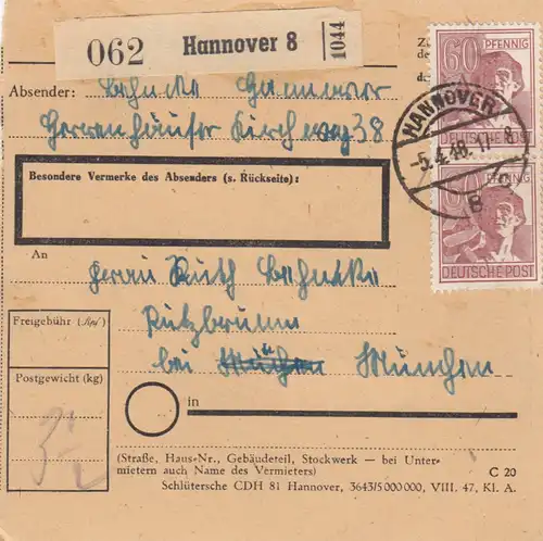 Paketkarte 1948: Hannover nach Putzbrunn
